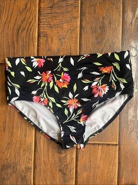 Lands' End Black Floral Swim Bottoms with Pink and Orange Flowers